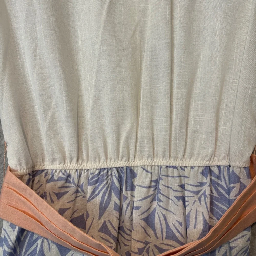 Vintage Leslie Fay Womens 12 2pc Tea Dress Set Blue White Tropical Palm Leaf 80s - Picture 10 of 14